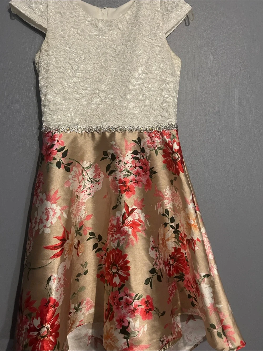 Rare Editions White Lace Bodice Gold Floral High-Low Dress